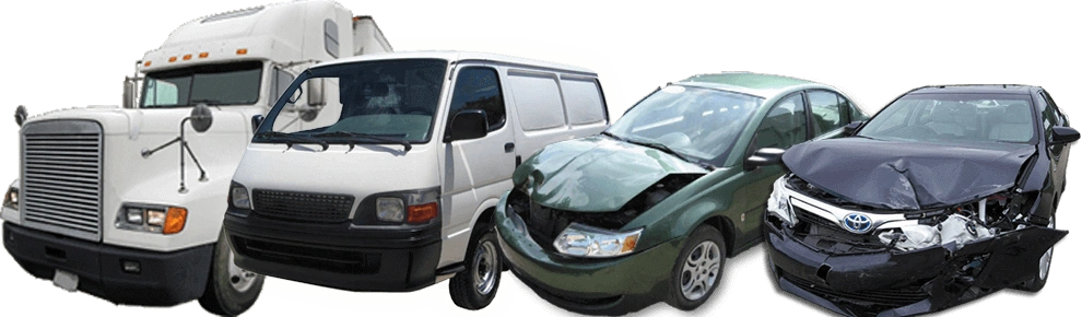 Lineup of vehicles trucks vans damaged cars